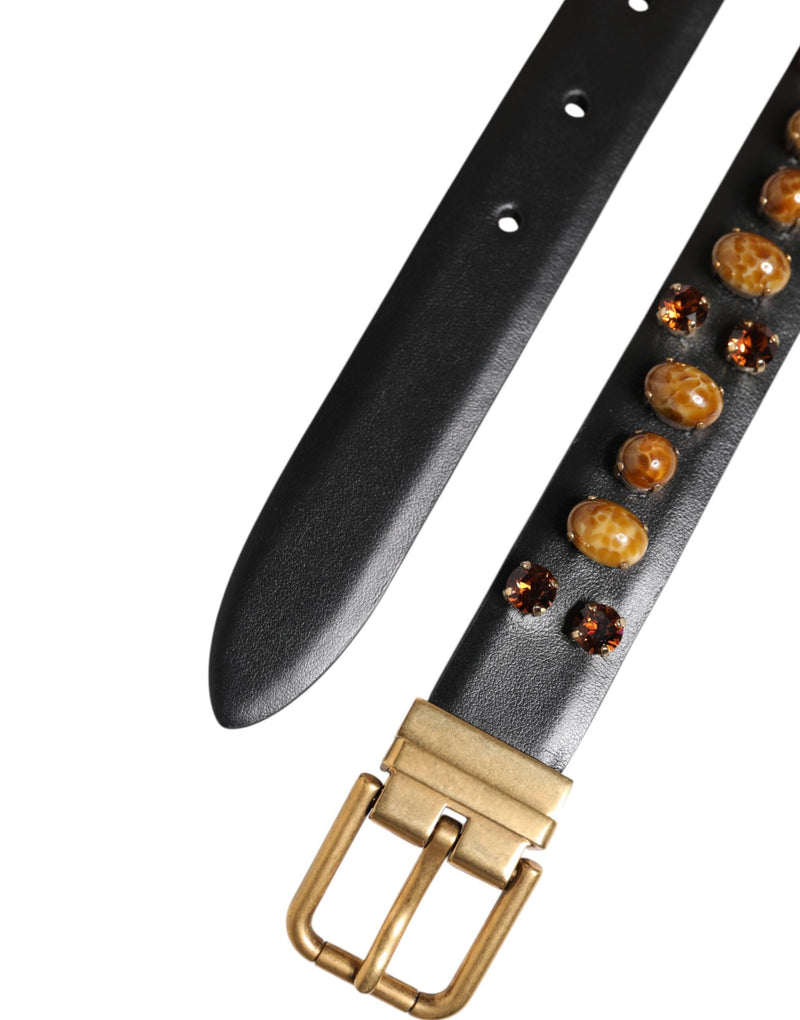 Black Leather Studded Gold Tone Buckle Belt Dolce & Gabbana