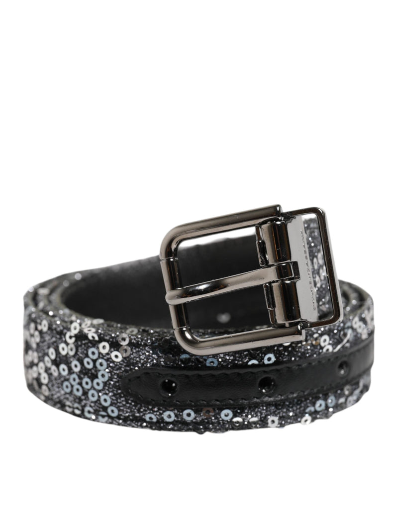 Black Sequins Silver Metal Logo Buckle Belt Dolce & Gabbana