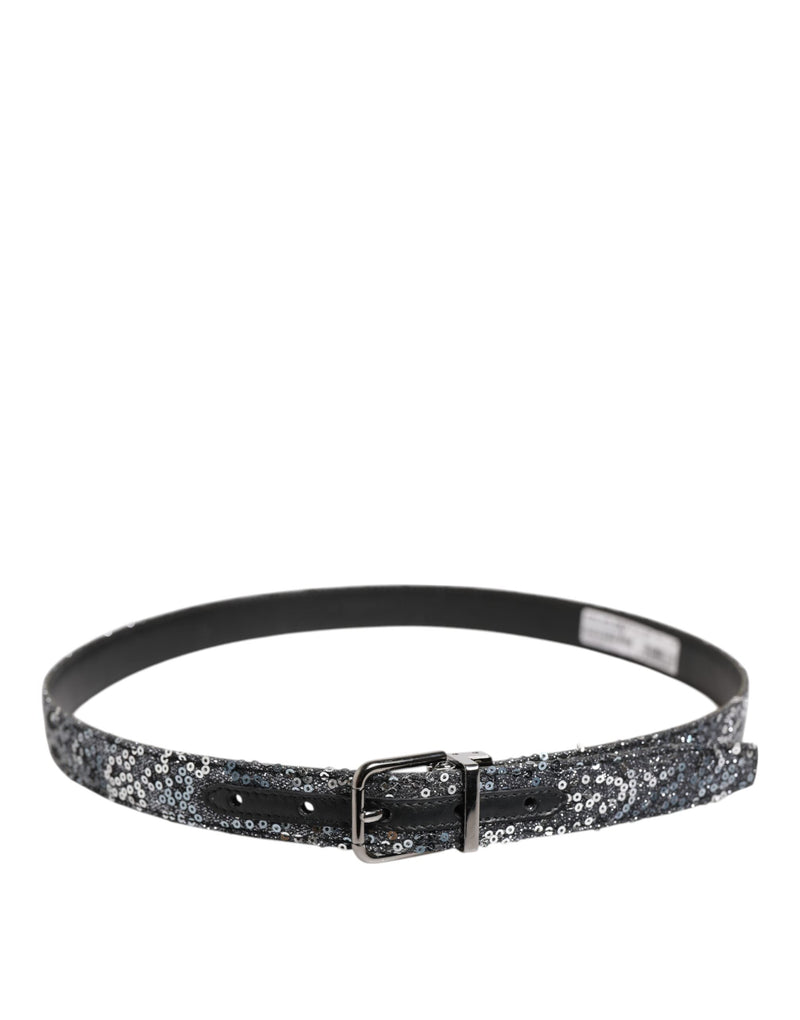 Black Sequins Silver Metal Logo Buckle Belt Dolce & Gabbana