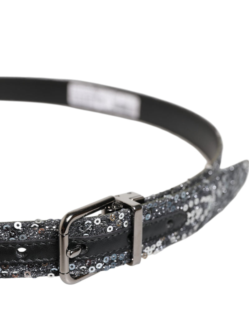 Black Sequins Silver Metal Logo Buckle Belt Dolce & Gabbana