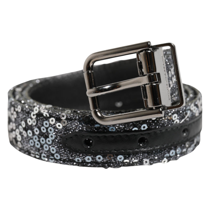 Black Sequins Silver Metal Logo Buckle Belt Dolce & Gabbana
