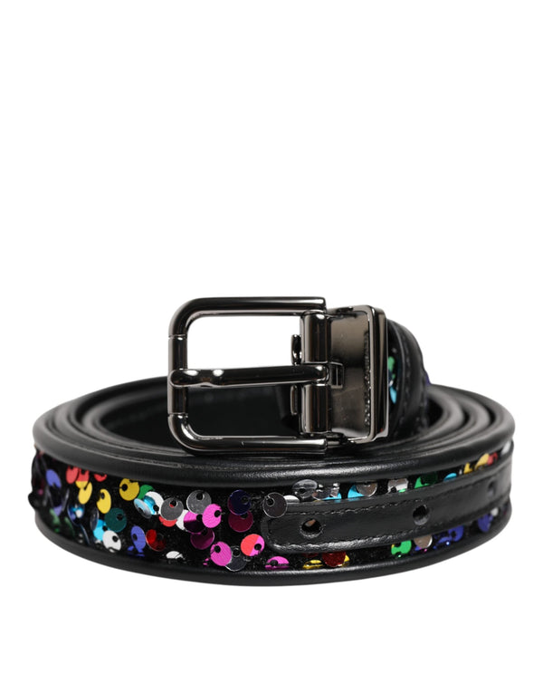 Black Sequin Embellished Metal Buckle Belt Dolce & Gabbana