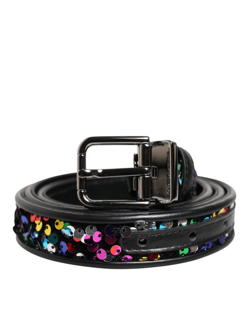 Black Sequin Embellished Metal Buckle Belt Dolce & Gabbana