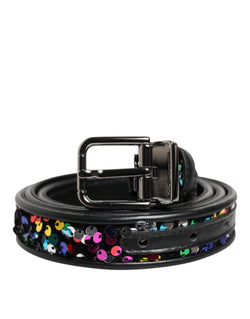 Black Sequin Embellished Metal Buckle Belt Dolce & Gabbana