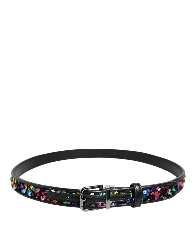 Black Sequin Embellished Metal Buckle Belt Dolce & Gabbana