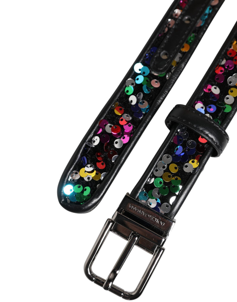 Black Sequin Embellished Metal Buckle Belt Dolce & Gabbana