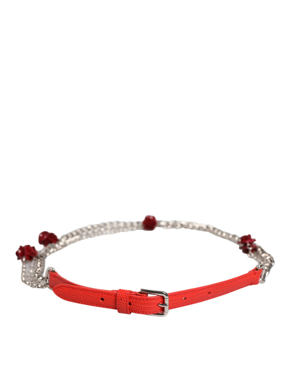 Red Leather Silver Chain Floral Cintura Belt Dolce & Gabbana