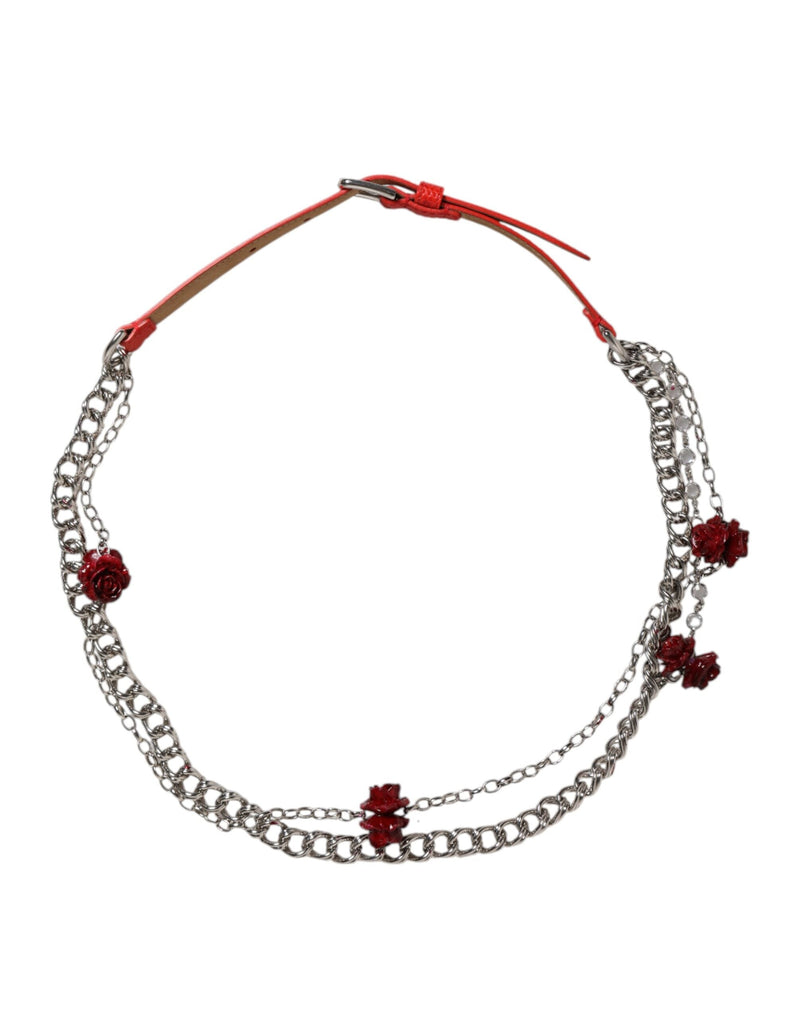 Red Leather Silver Chain Floral Cintura Belt Dolce & Gabbana