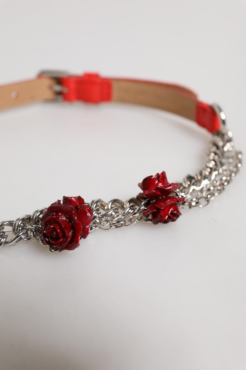 Red Leather Silver Chain Floral Cintura Belt Dolce & Gabbana