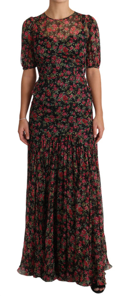 Elegant Black Silk Floral A-Line Gown Dolce & Gabbana