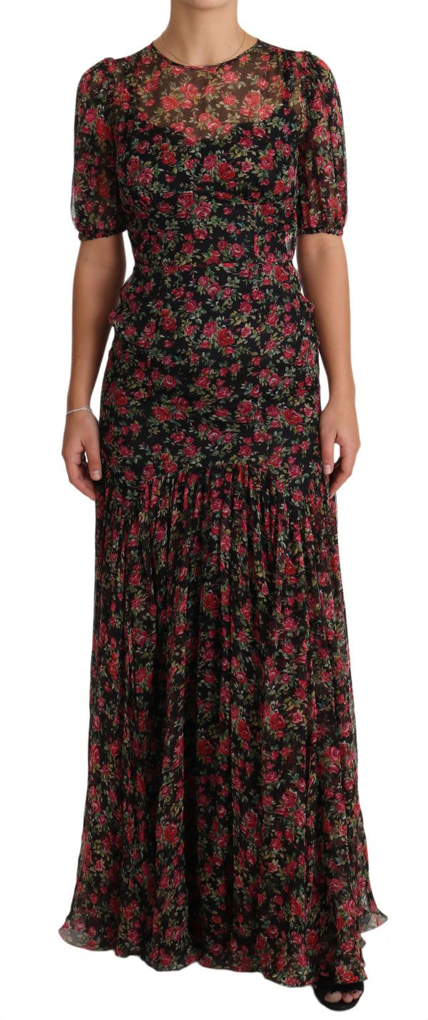 Elegant Black Silk Floral A-Line Gown Dolce & Gabbana