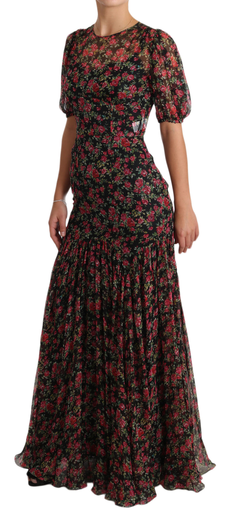 Elegant Black Silk Floral A-Line Gown Dolce & Gabbana