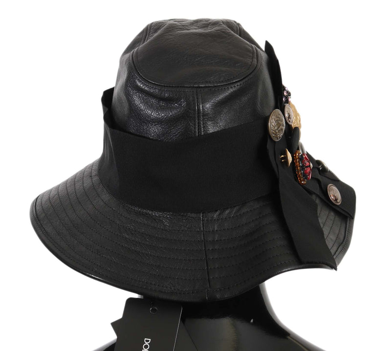 Elegant Black Leather Cloche Cap Dolce & Gabbana