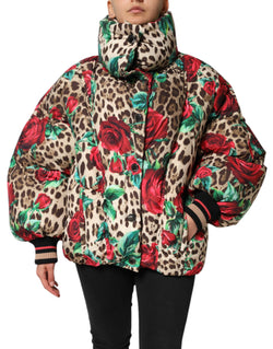 Multicolor Leopard Rose Puffer Quilted Jacket Dolce & Gabbana