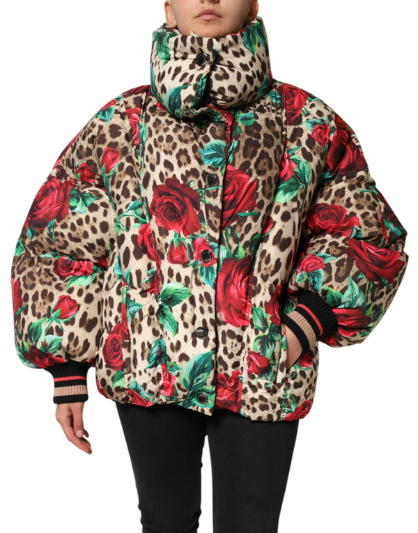 Multicolor Leopard Rose Puffer Quilted Jacket Dolce & Gabbana