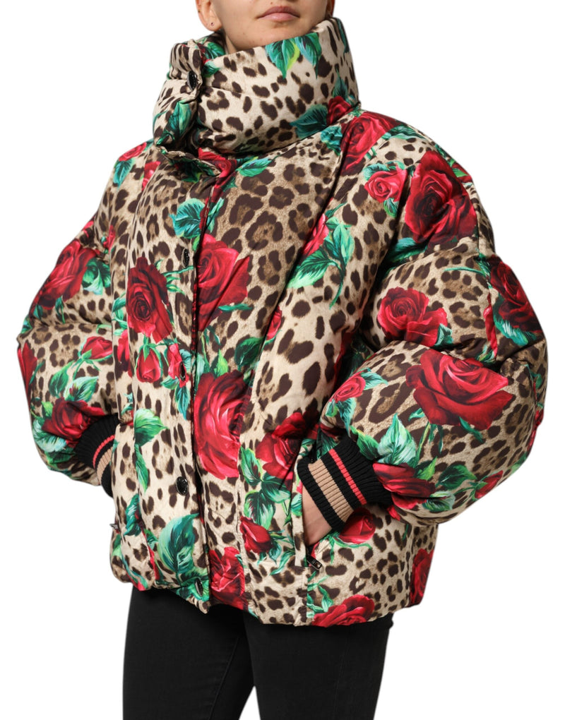 Multicolor Leopard Rose Puffer Quilted Jacket Dolce & Gabbana