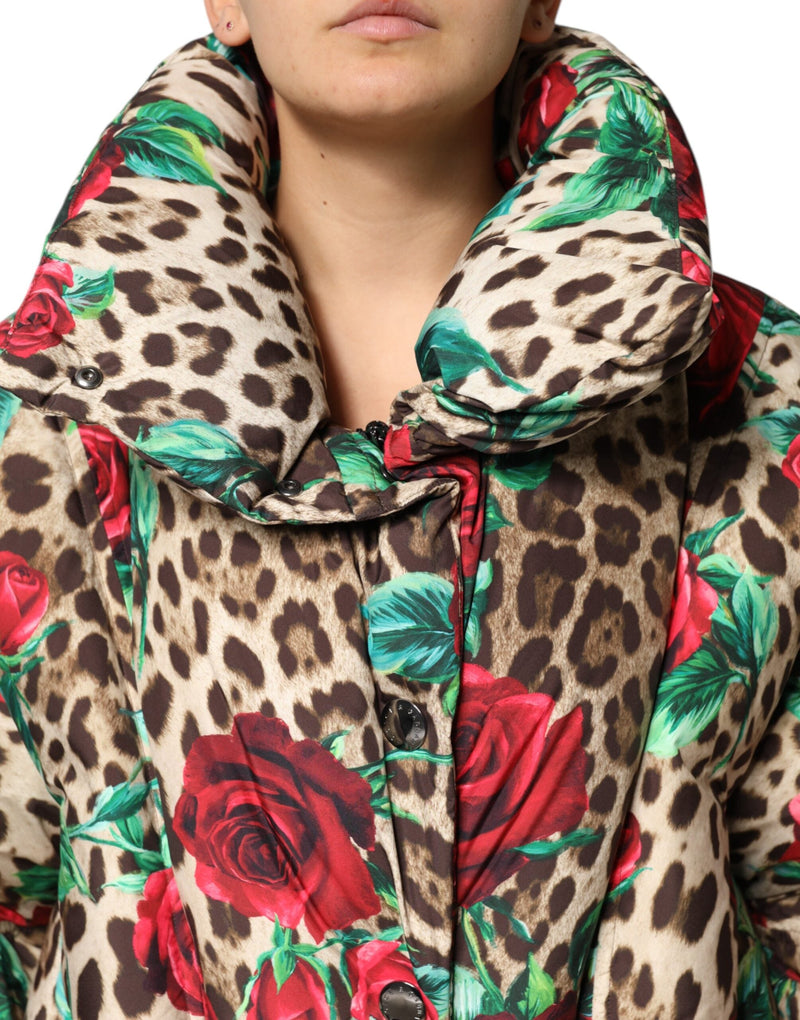 Multicolor Leopard Rose Puffer Quilted Jacket Dolce & Gabbana