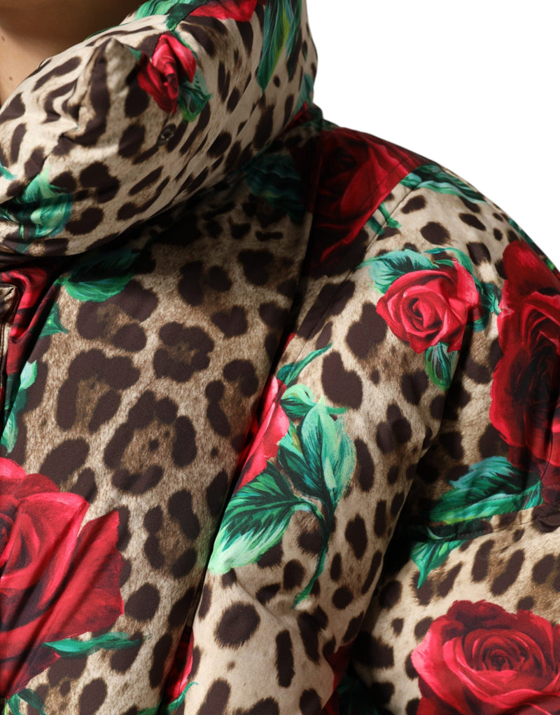 Multicolor Leopard Rose Puffer Quilted Jacket Dolce & Gabbana