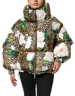 Multicolor Leopard Rose Puffer Quilted Jacket Dolce & Gabbana