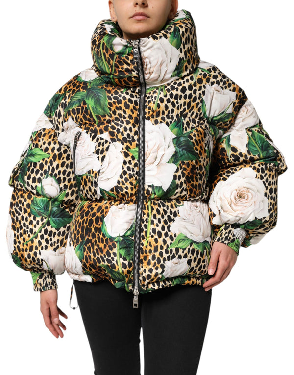 Multicolor Leopard Rose Puffer Quilted Jacket Dolce & Gabbana