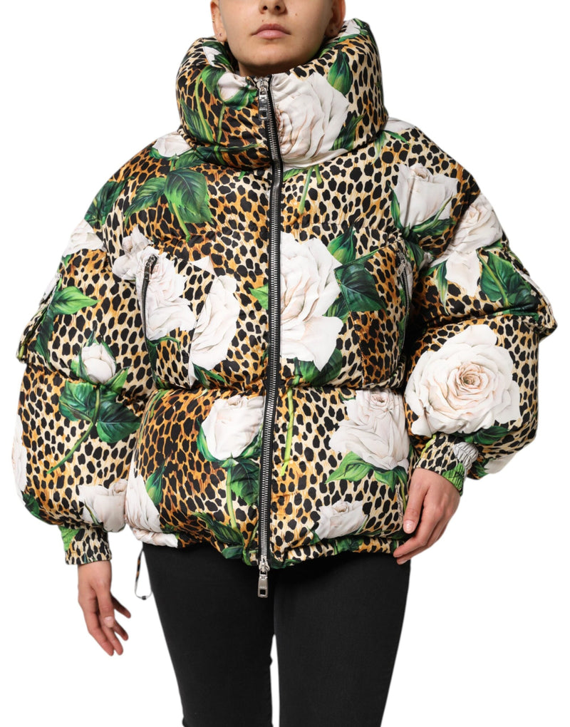 Multicolor Leopard Rose Puffer Quilted Jacket Dolce & Gabbana