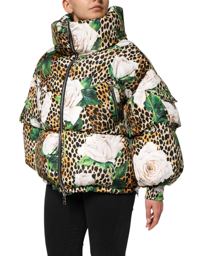 Multicolor Leopard Rose Puffer Quilted Jacket Dolce & Gabbana