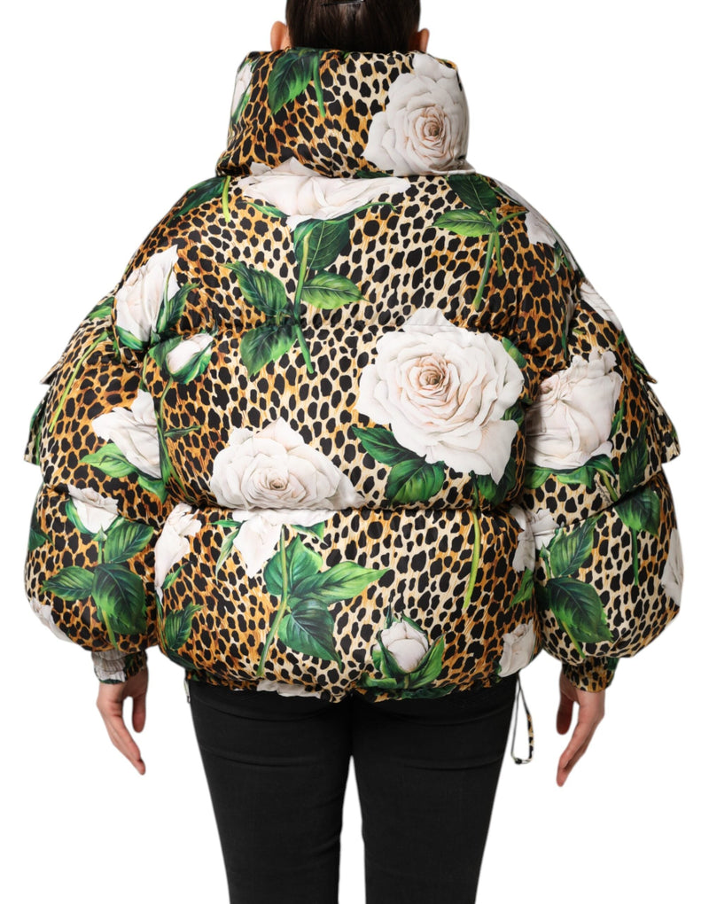 Multicolor Leopard Rose Puffer Quilted Jacket Dolce & Gabbana
