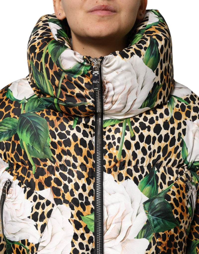 Multicolor Leopard Rose Puffer Quilted Jacket Dolce & Gabbana