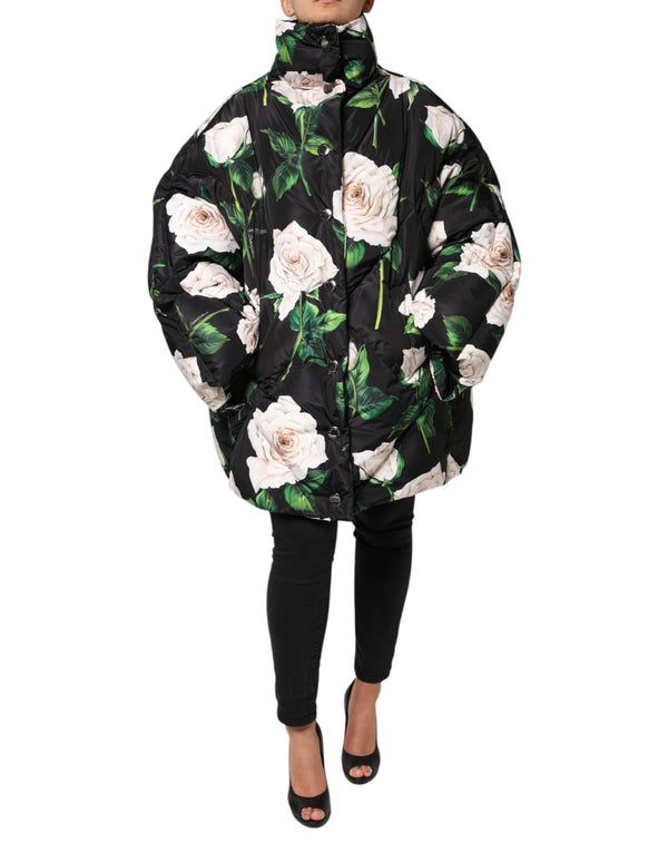Black Floral Print Puffer Quilted Jacket Dolce & Gabbana