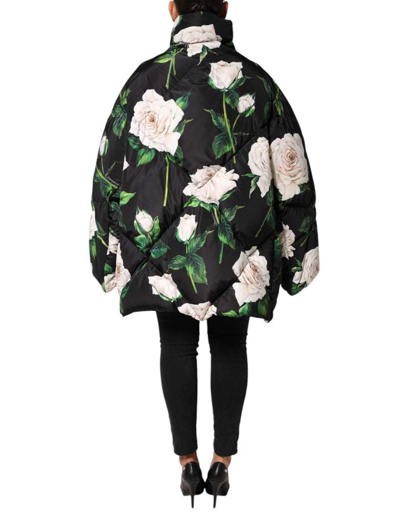 Black Floral Print Puffer Quilted Jacket Dolce & Gabbana