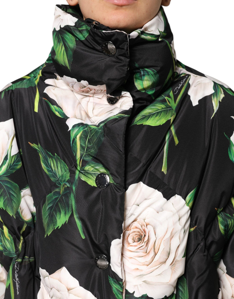 Black Floral Print Puffer Quilted Jacket Dolce & Gabbana