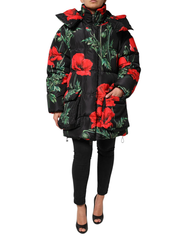 Black Floral Polyester Hooded Quilted Jacket Dolce & Gabbana