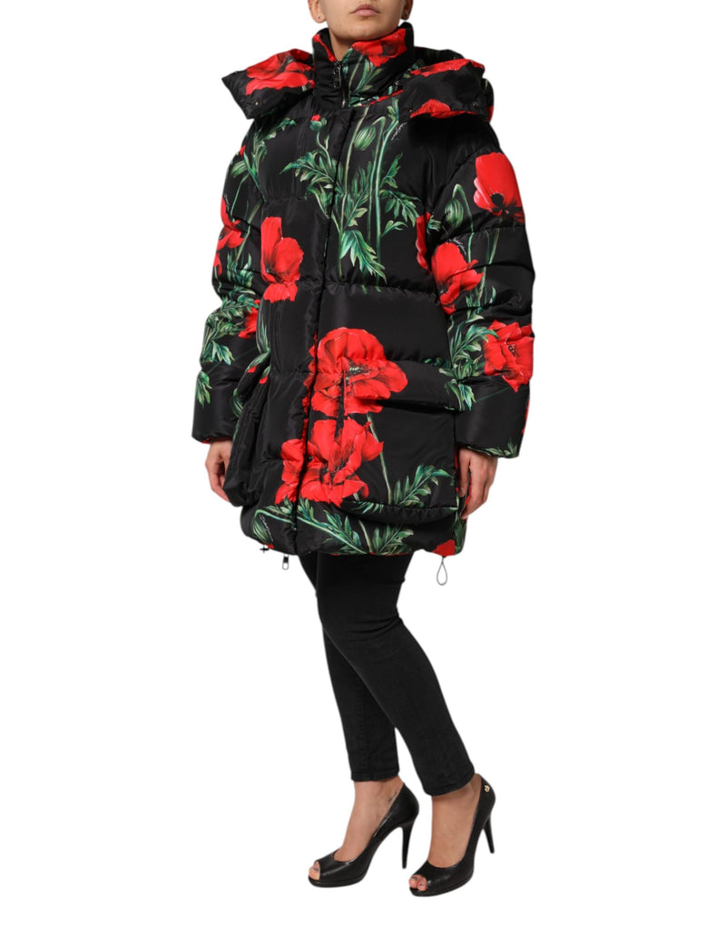Black Floral Polyester Hooded Quilted Jacket Dolce & Gabbana