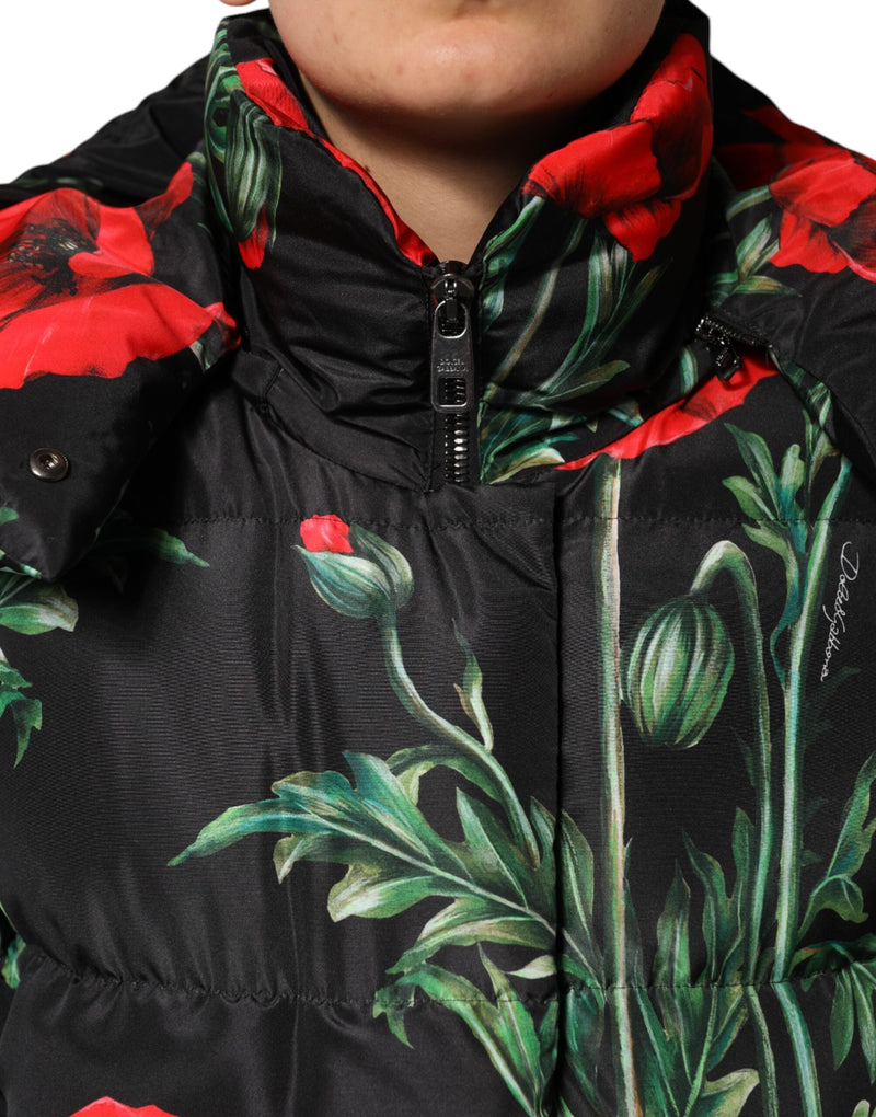 Black Floral Polyester Hooded Quilted Jacket Dolce & Gabbana
