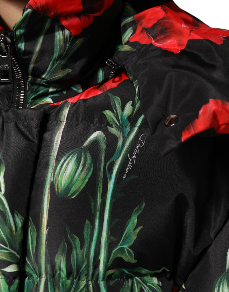 Black Floral Polyester Hooded Quilted Jacket Dolce & Gabbana