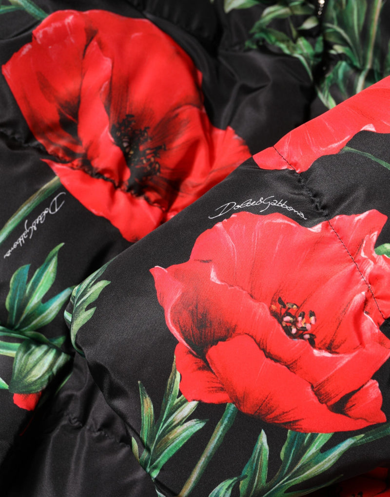 Black Floral Polyester Hooded Quilted Jacket Dolce & Gabbana