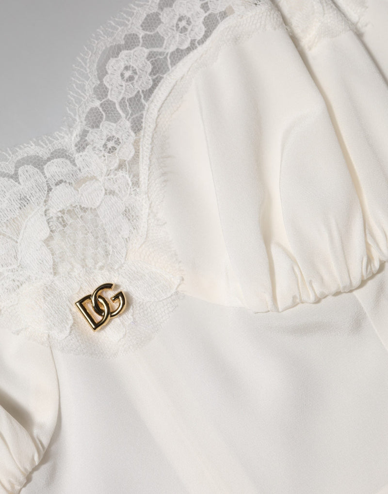 White Lace DG Logo Silk Dress Sleepwear Dolce & Gabbana