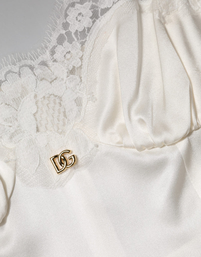 White Lace DG Logo Silk Dress Sleepwear Dolce & Gabbana