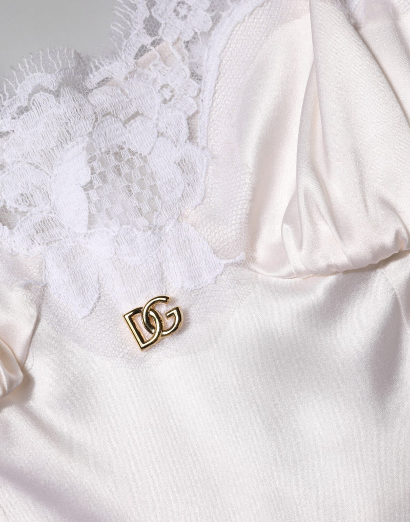 White Lace Gold DG Logo Silk Dress Sleepwear Dolce & Gabbana