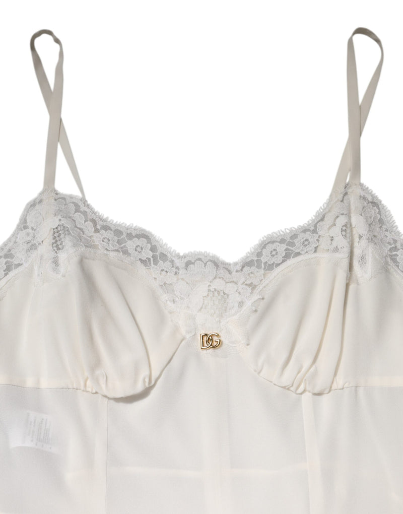 White Lace Gold DG Logo Silk Dress Sleepwear Dolce & Gabbana