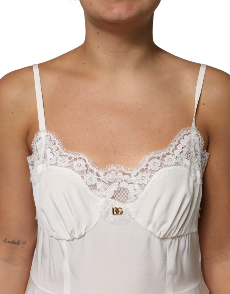 White Lace Gold DG Logo Silk Dress Sleepwear Dolce & Gabbana