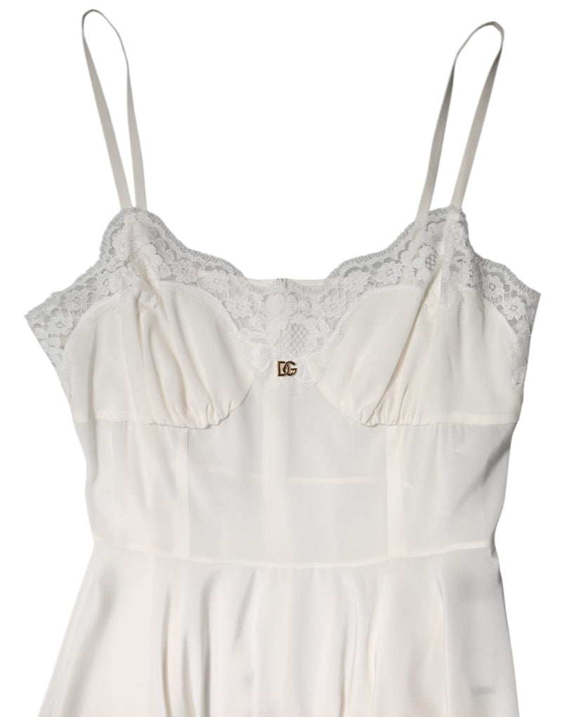 White Lace Gold DG Logo Silk Dress Sleepwear Dolce & Gabbana