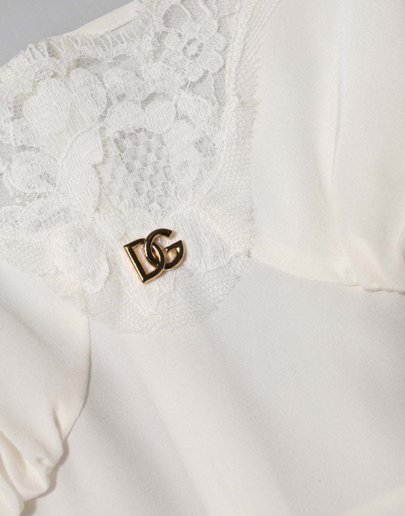 White Lace Gold DG Logo Silk Dress Sleepwear Dolce & Gabbana
