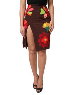 Brown Floral High Waist Side Slit Skirt Dolce & Gabbana