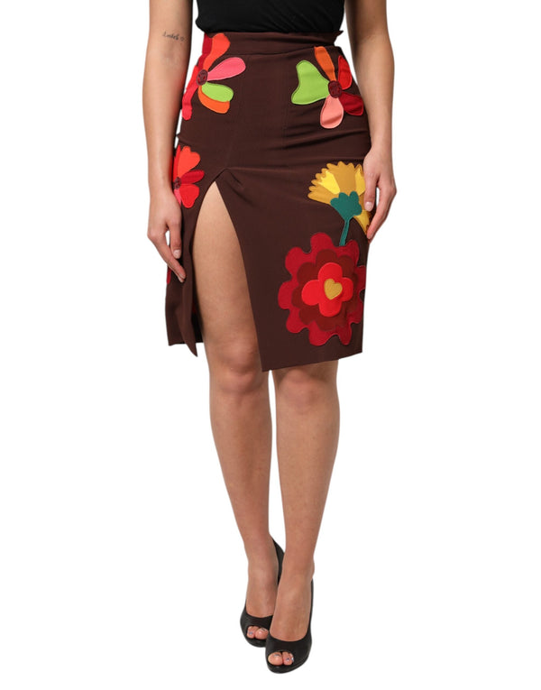 Brown Floral High Waist Side Slit Skirt Dolce & Gabbana