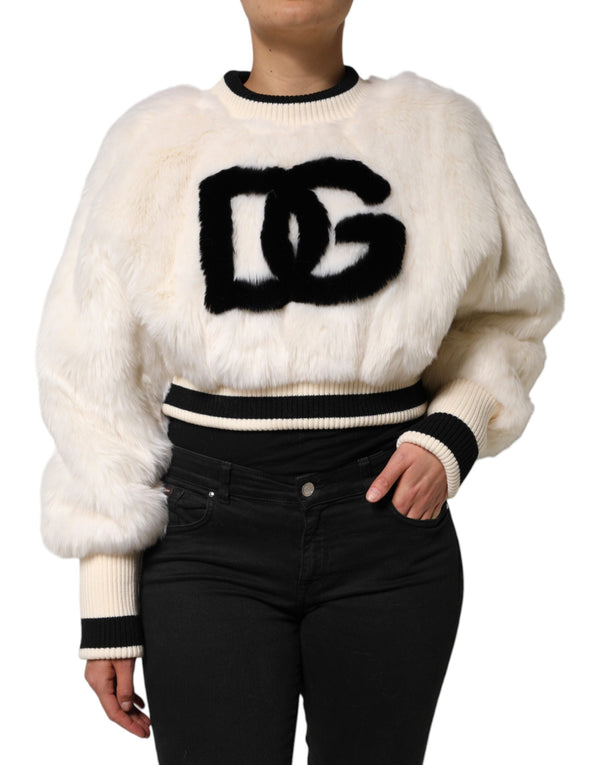 White Cropped Faux Fur DG Sweatshirt Sweater Dolce & Gabbana