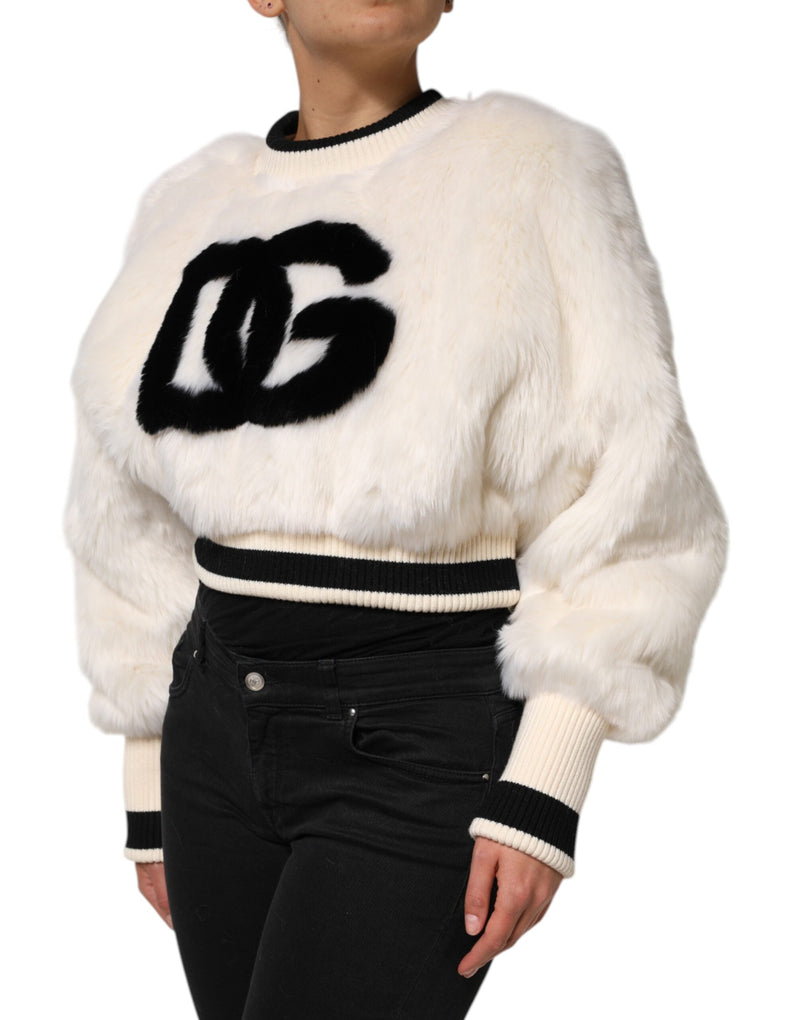 White Cropped Faux Fur DG Sweatshirt Sweater Dolce & Gabbana