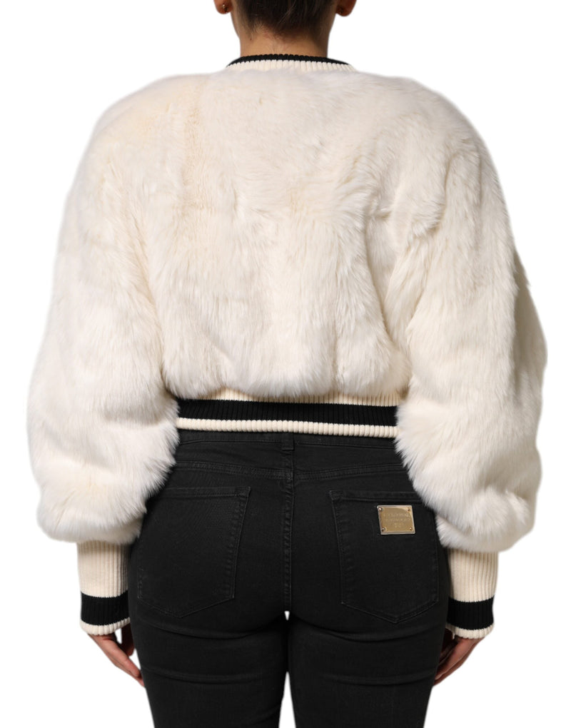 White Cropped Faux Fur DG Sweatshirt Sweater Dolce & Gabbana