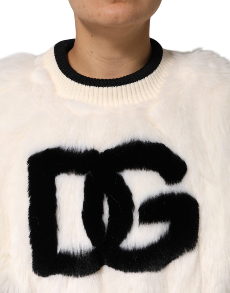 White Cropped Faux Fur DG Sweatshirt Sweater Dolce & Gabbana