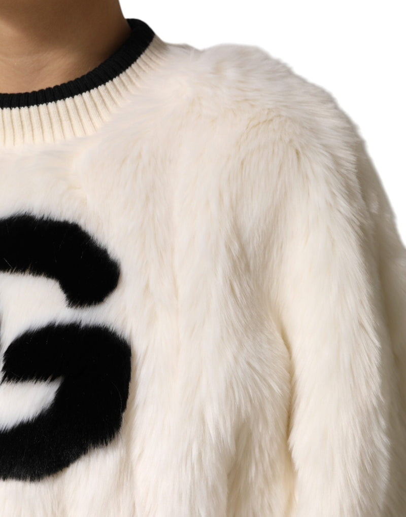 White Cropped Faux Fur DG Sweatshirt Sweater Dolce & Gabbana